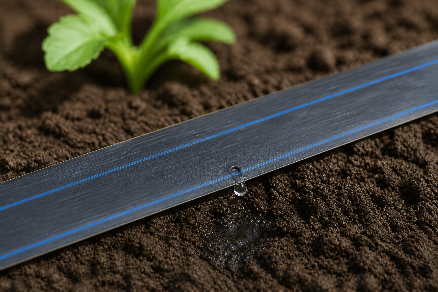 Крапельна стрічка крупним планом з краплею води